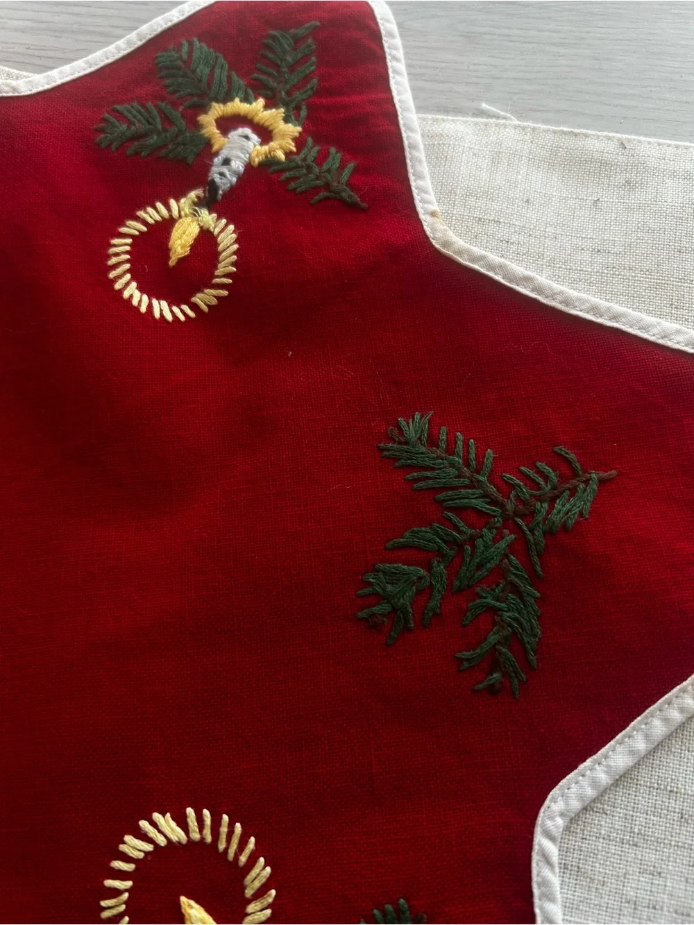 Embroidered Red Star Holiday Table Accent with Candle Motifs